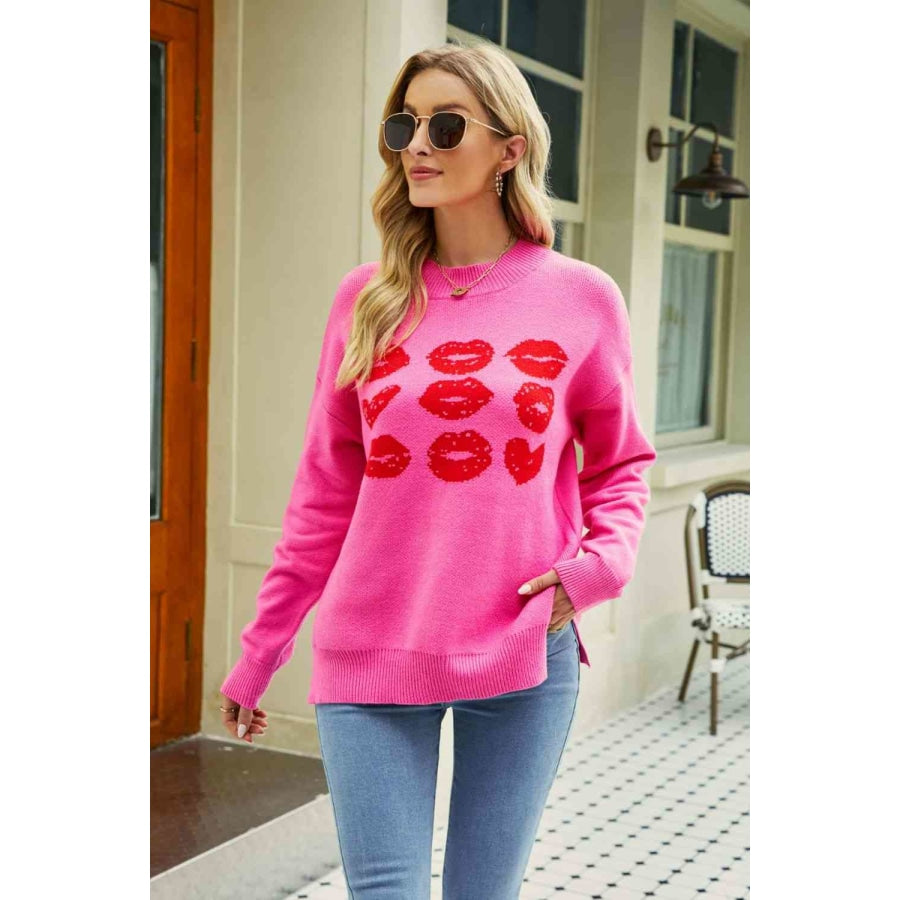 Woven Right Lip Graphic Slit Dropped Shoulder Sweater