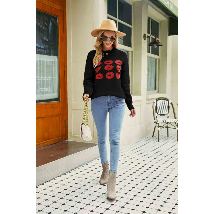 Woven Right Lip Graphic Slit Dropped Shoulder Sweater