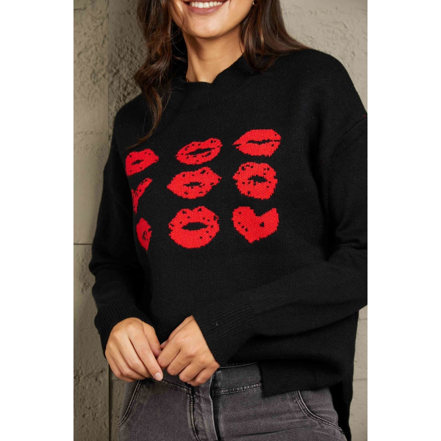 Woven Right Lip Graphic Slit Dropped Shoulder Sweater