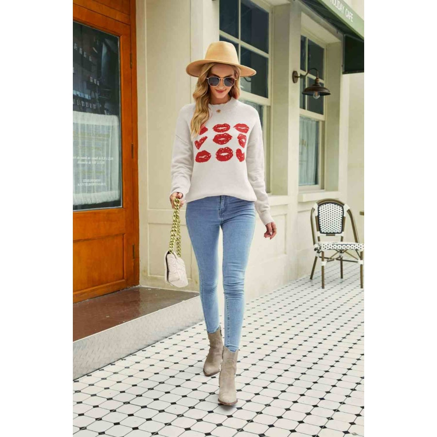 Woven Right Lip Graphic Slit Dropped Shoulder Sweater