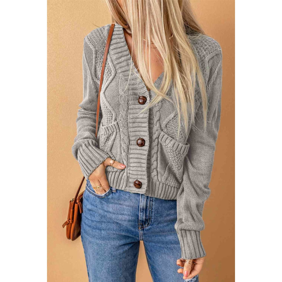 Woven Right Mixed Knit Button Down Cardigan with Pockets Gray / S