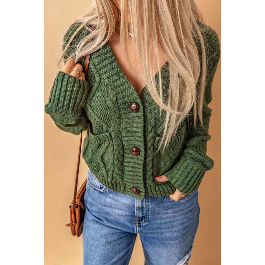 Woven Right Mixed Knit Button Down Cardigan with Pockets Green / S