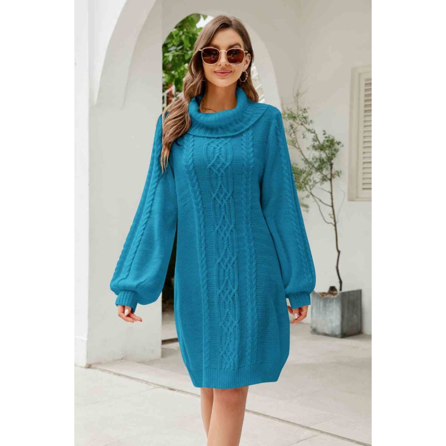 Woven Right Mixed Knit Turtleneck Lantern Sleeve Sweater Dress Teal / S