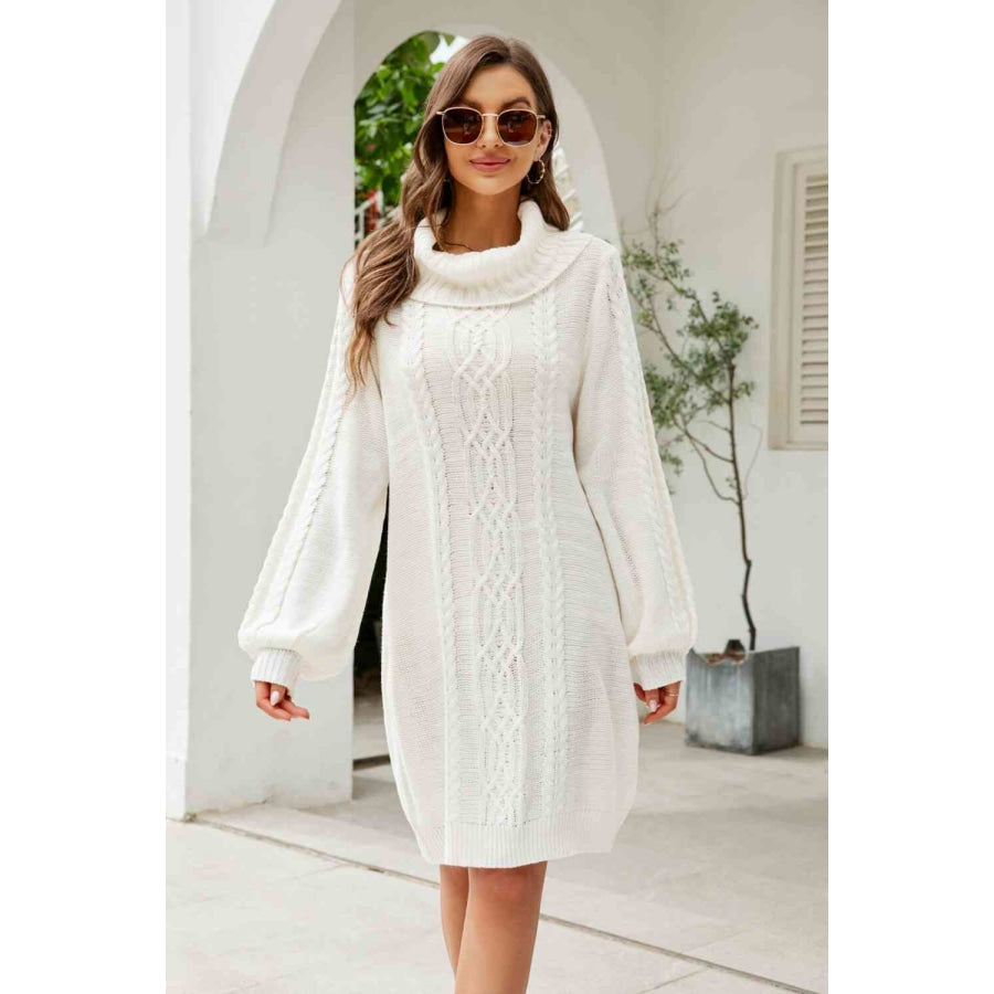 Woven Right Mixed Knit Turtleneck Lantern Sleeve Sweater Dress White / S