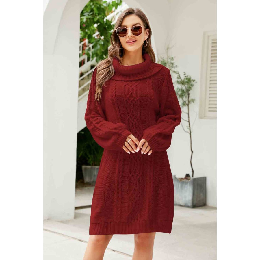 Woven Right Mixed Knit Turtleneck Lantern Sleeve Sweater Dress Wine / S