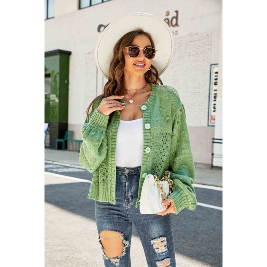 Woven Right Openwork Pompom Puff Sleeve Cardigan Green / S