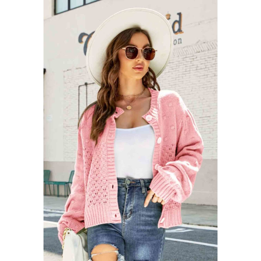 Woven Right Openwork Pompom Puff Sleeve Cardigan Pink / S