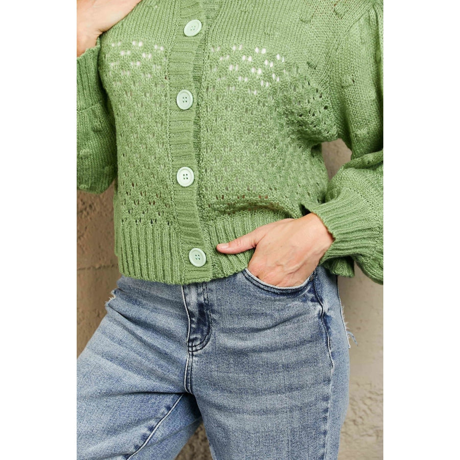 Woven Right Openwork Pompom Puff Sleeve Cardigan