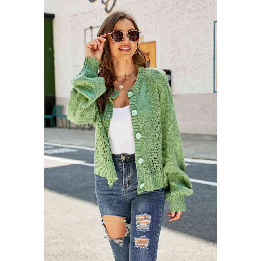 Woven Right Openwork Pompom Puff Sleeve Cardigan