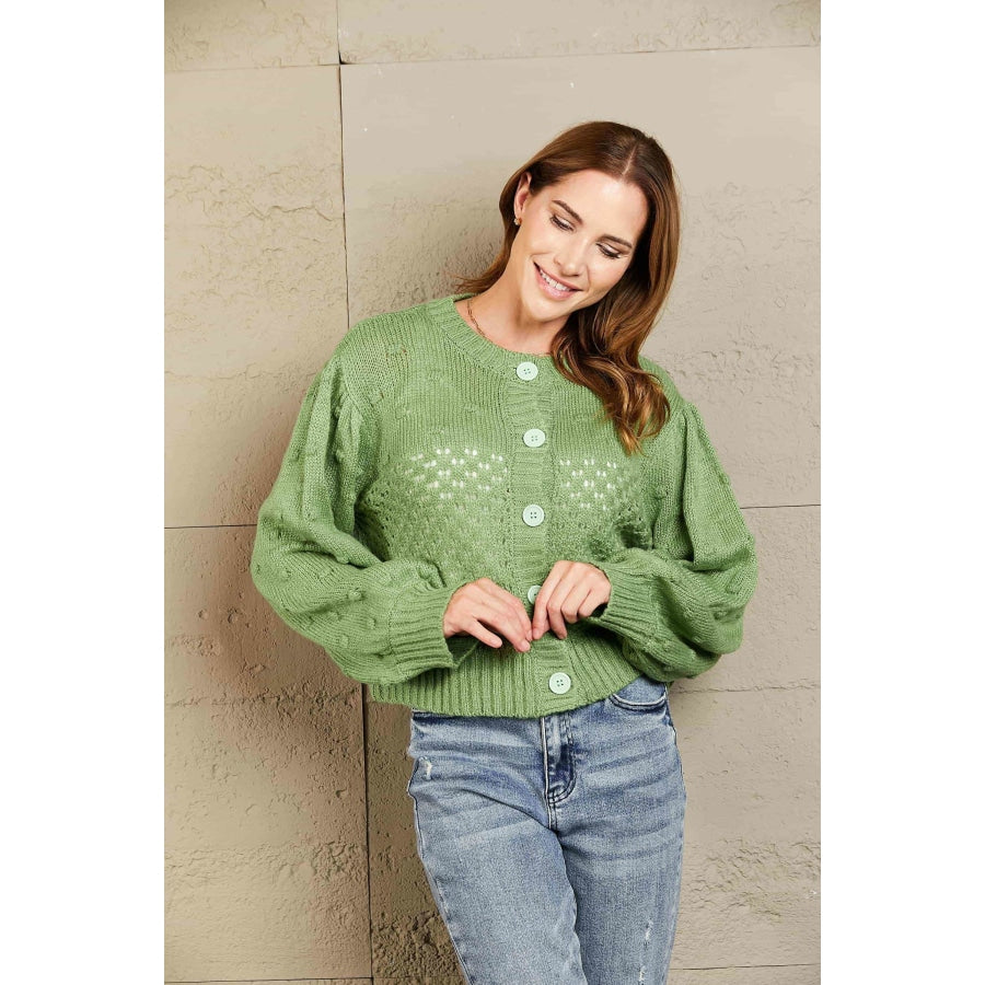 Woven Right Openwork Pompom Puff Sleeve Cardigan