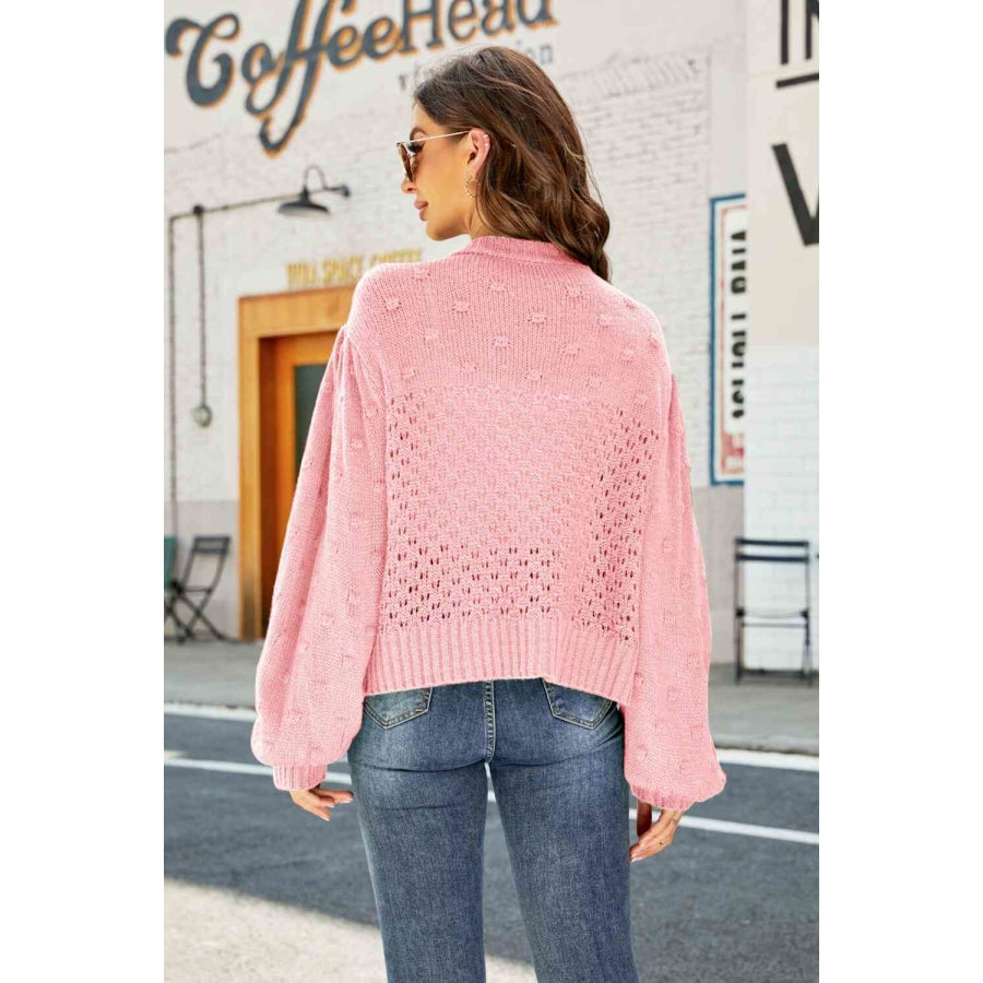 Woven Right Openwork Pompom Puff Sleeve Cardigan