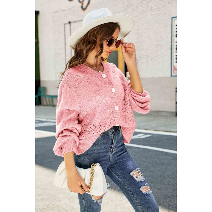 Woven Right Openwork Pompom Puff Sleeve Cardigan