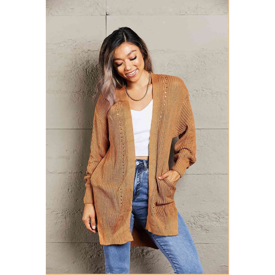 Woven Right Openwork Rib-Knit Slit Cardigan Tan / S