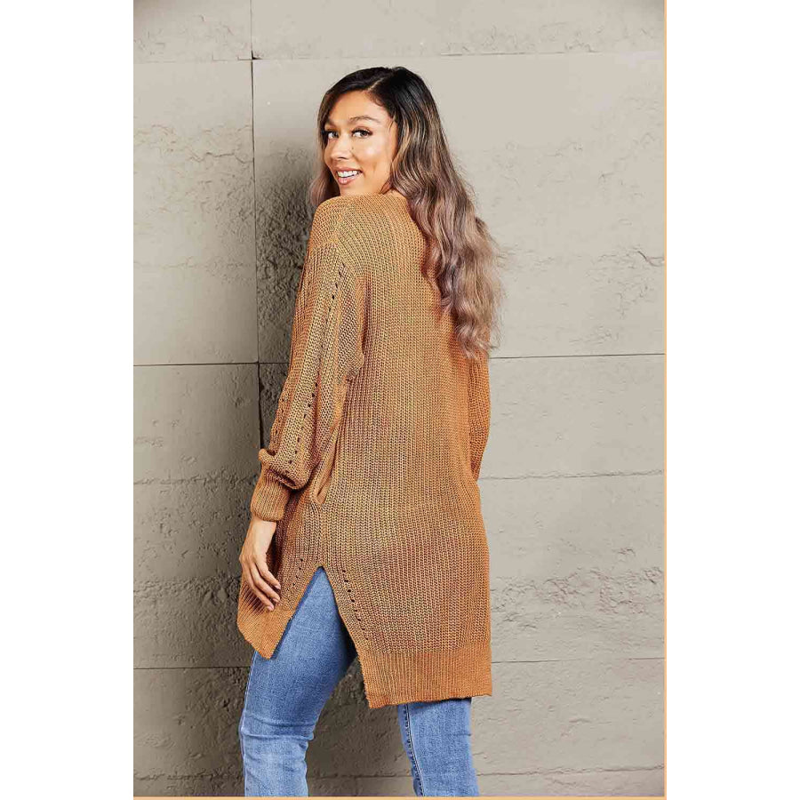 Woven Right Openwork Rib-Knit Slit Cardigan Tan / S