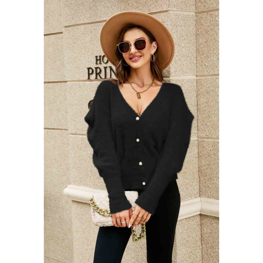 Woven Right Puff Sleeve V-Neck Fuzzy Cardigan Black / S