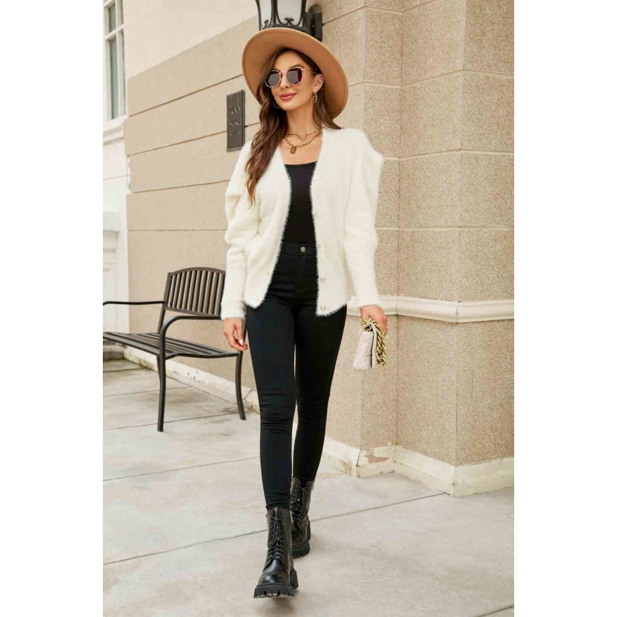 Woven Right Puff Sleeve V-Neck Fuzzy Cardigan