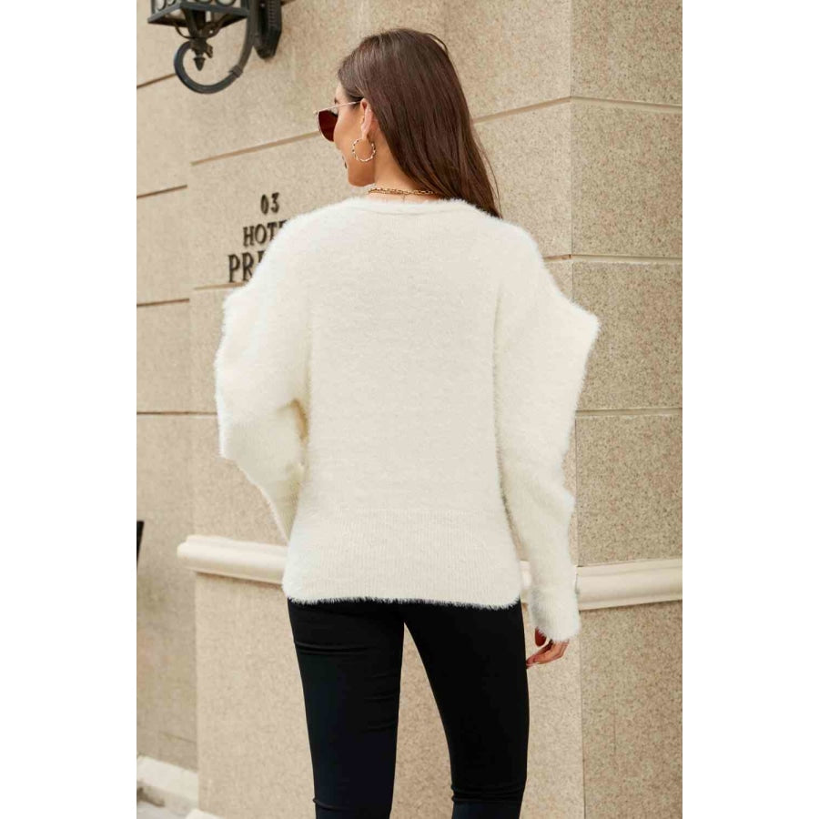 Woven Right Puff Sleeve V-Neck Fuzzy Cardigan