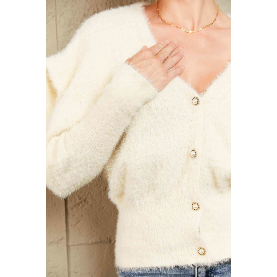 Woven Right Puff Sleeve V-Neck Fuzzy Cardigan