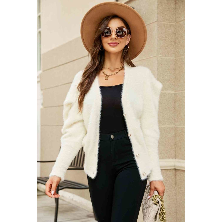 Woven Right Puff Sleeve V-Neck Fuzzy Cardigan