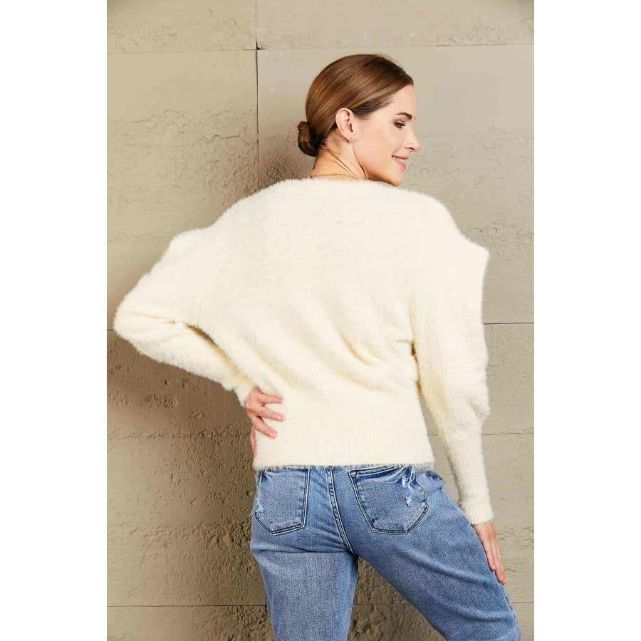 Woven Right Puff Sleeve V-Neck Fuzzy Cardigan