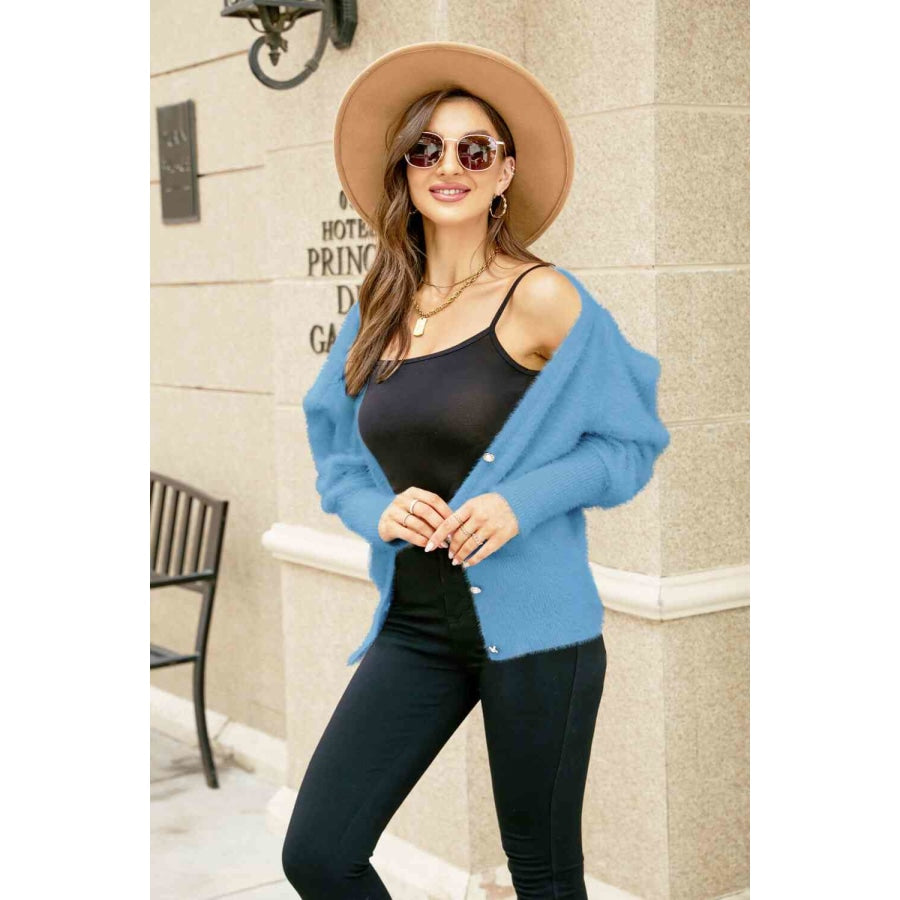 Woven Right Puff Sleeve V-Neck Fuzzy Cardigan