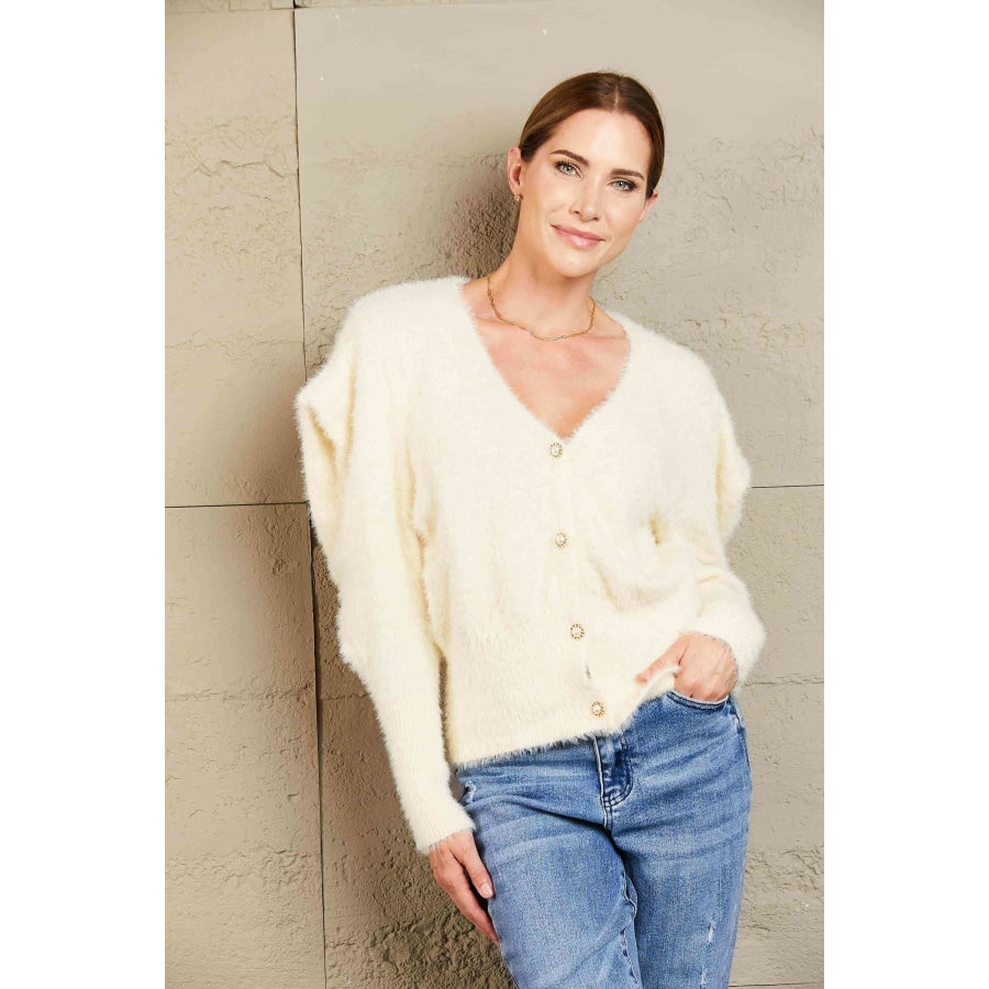 Woven Right Puff Sleeve V-Neck Fuzzy Cardigan