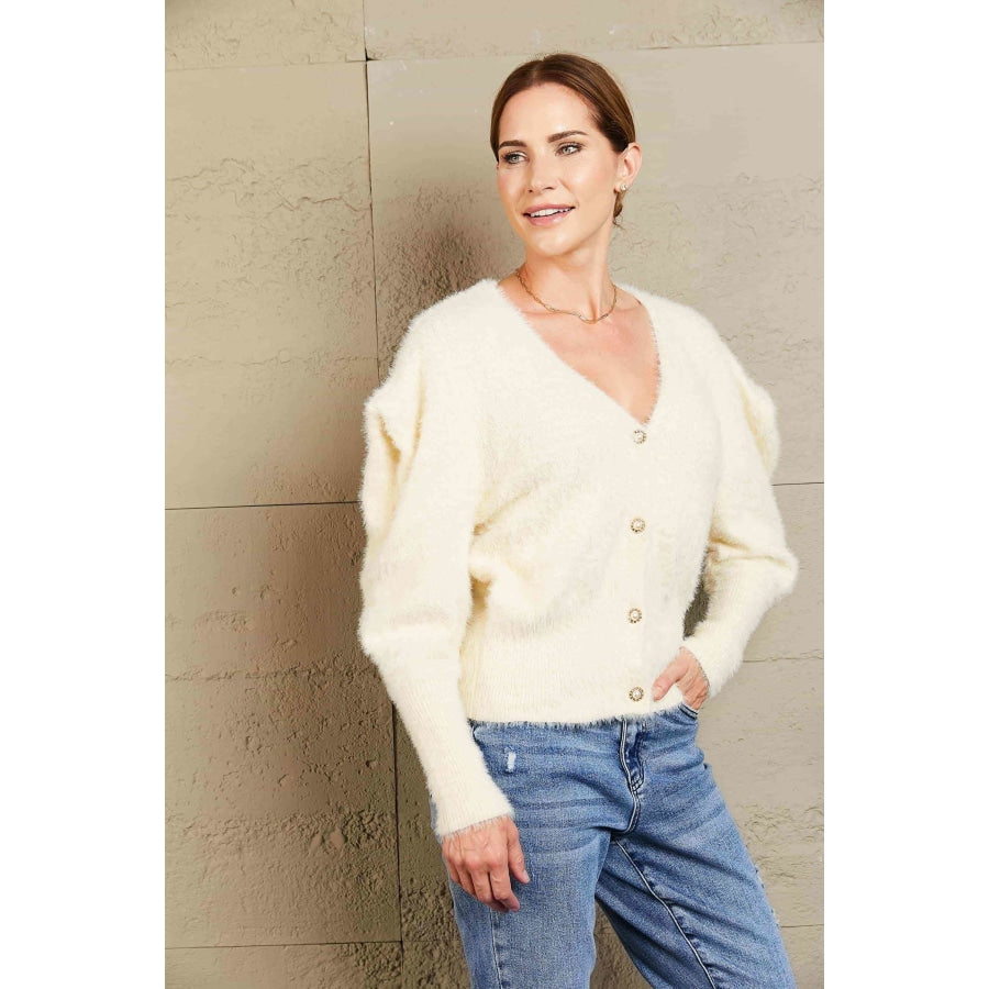 Woven Right Puff Sleeve V-Neck Fuzzy Cardigan