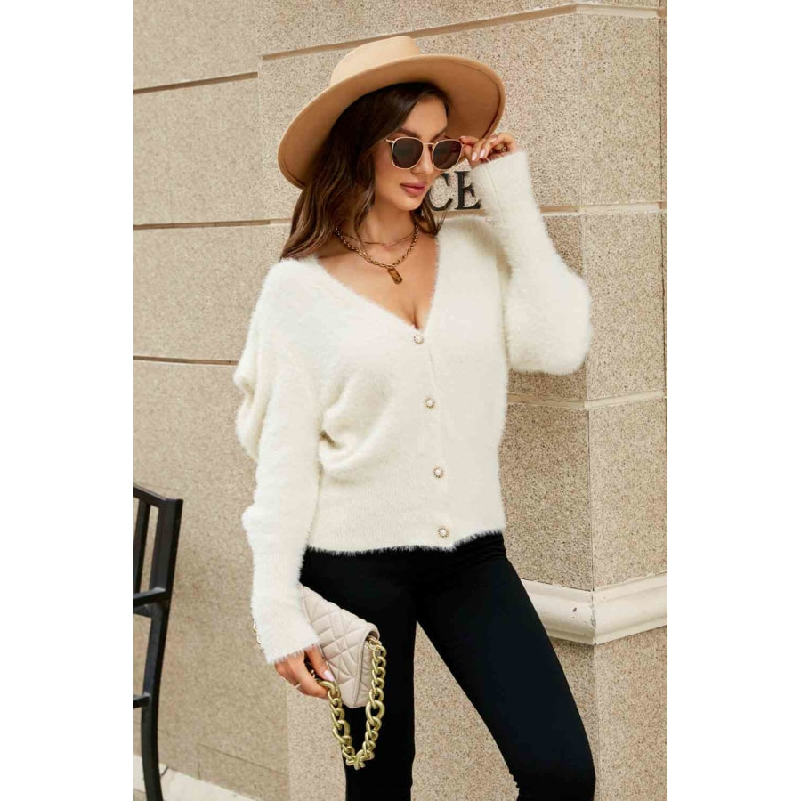 Woven Right Puff Sleeve V-Neck Fuzzy Cardigan