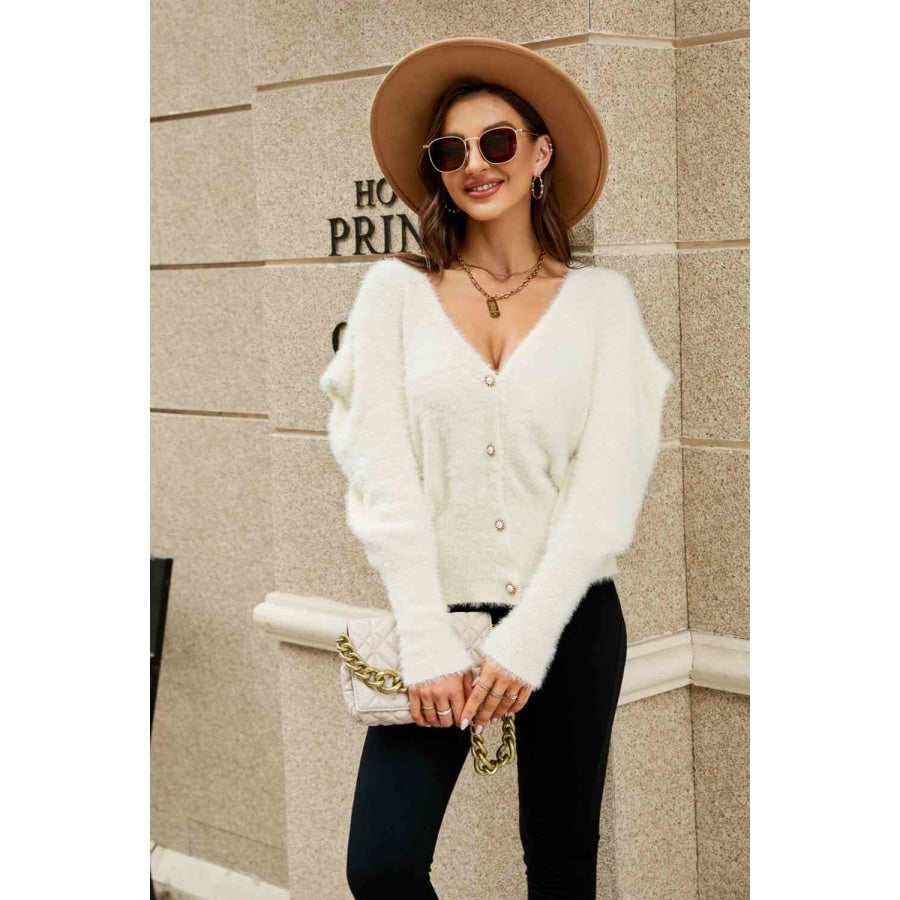 Woven Right Puff Sleeve V-Neck Fuzzy Cardigan White / S