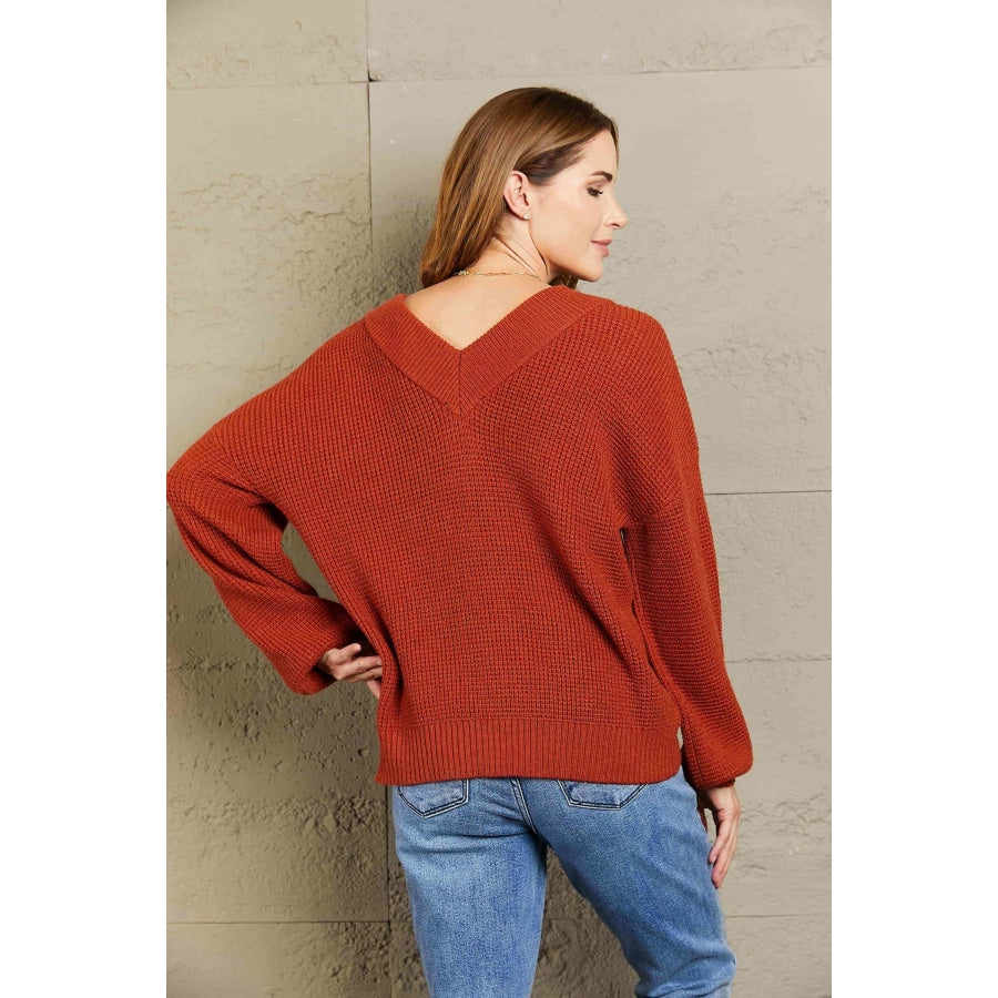 Woven Right Rib-Knit Drop Shoulder V-Neck Sweater Brown / S