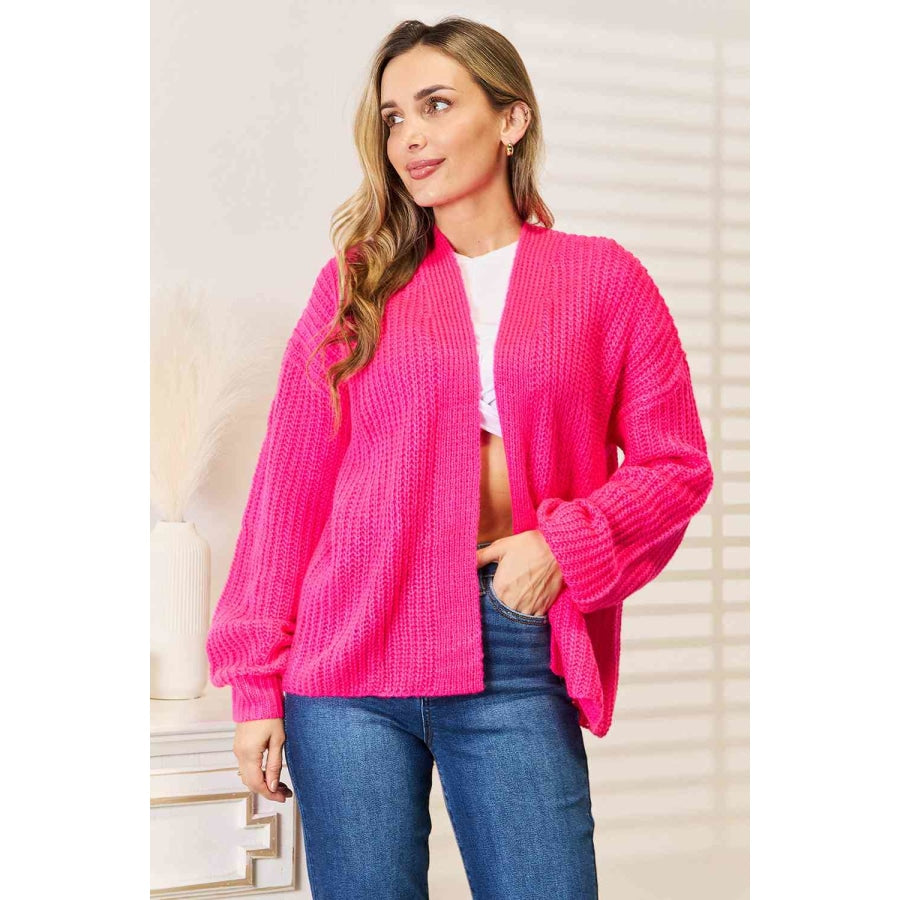 Woven Right Rib-Knit Open Front Drop Shoulder Cardigan Hot Pink / S