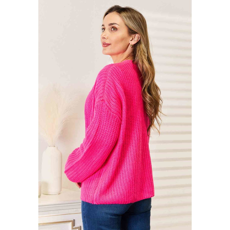 Woven Right Rib-Knit Open Front Drop Shoulder Cardigan Hot Pink / S