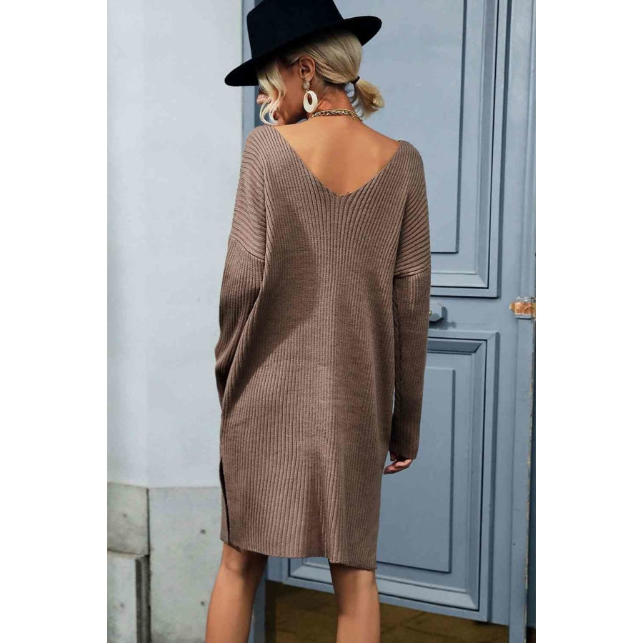 Woven Right Rib-Knit V-Neck Sweater Dress Brown / S