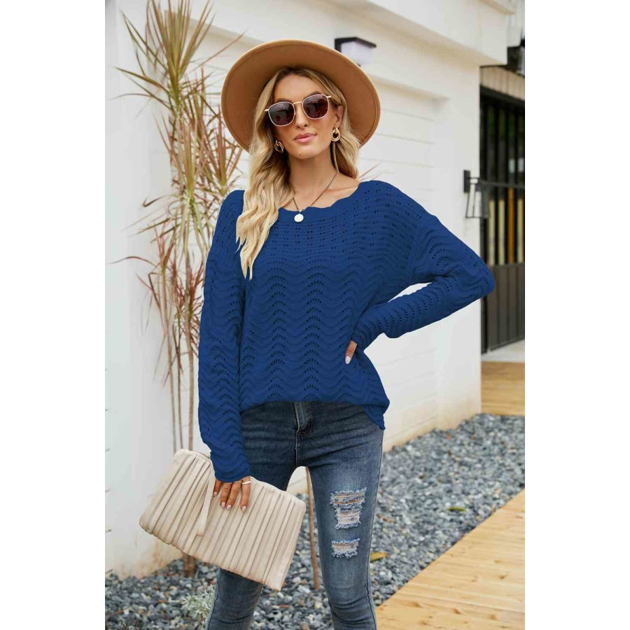 Woven Right Scalloped Boat Neck Openwork Tunic Sweater Blue / S