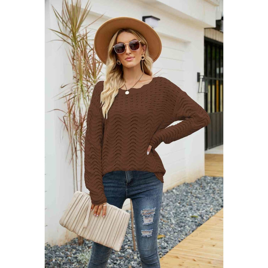 Woven Right Scalloped Boat Neck Openwork Tunic Sweater Brown / S