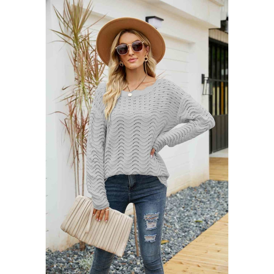 Woven Right Scalloped Boat Neck Openwork Tunic Sweater Gray / S