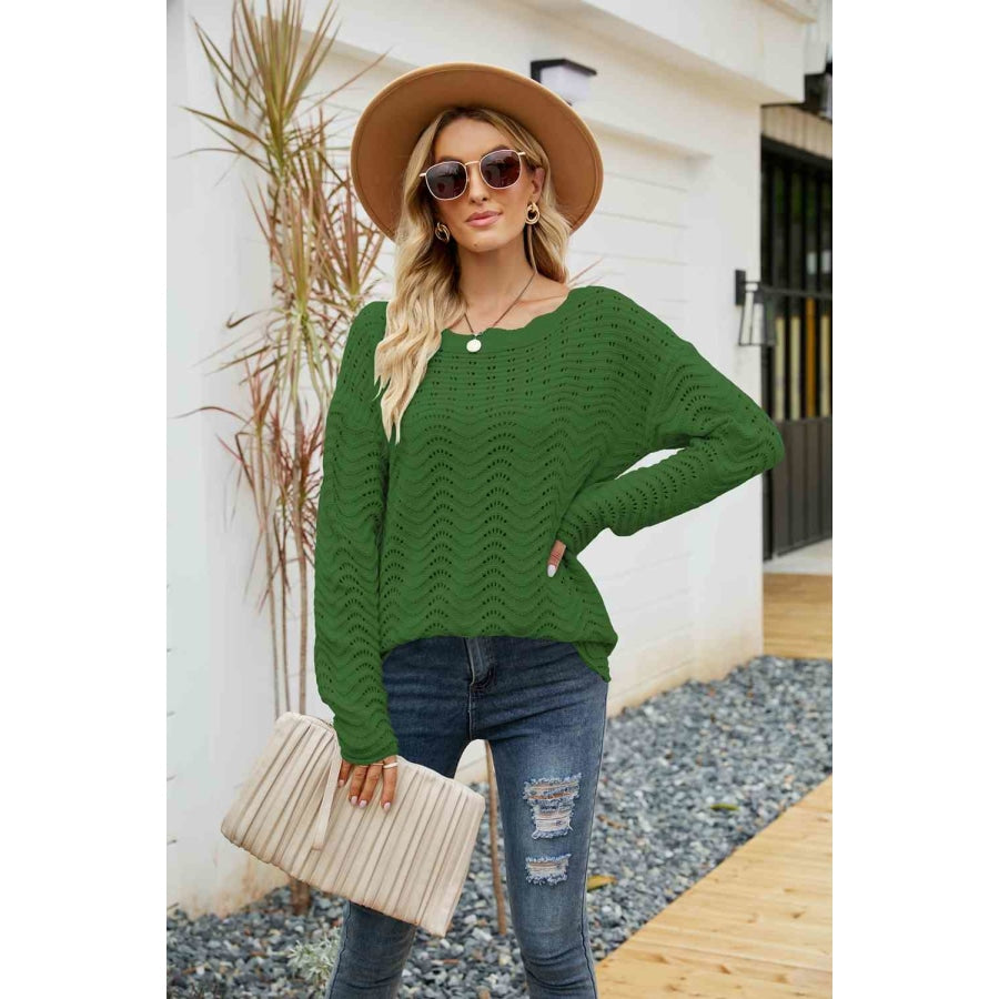 Woven Right Scalloped Boat Neck Openwork Tunic Sweater Green / S