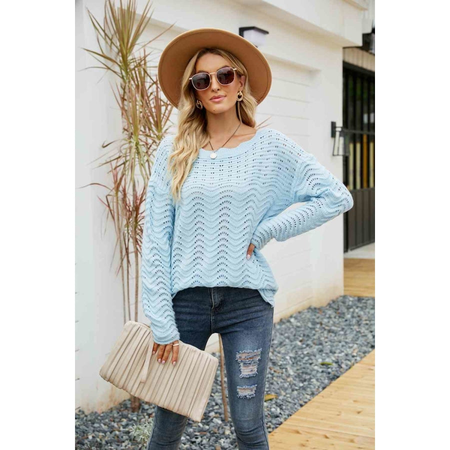 Woven Right Scalloped Boat Neck Openwork Tunic Sweater Sky Blue / S