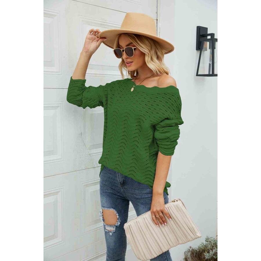 Woven Right Scalloped Boat Neck Openwork Tunic Sweater