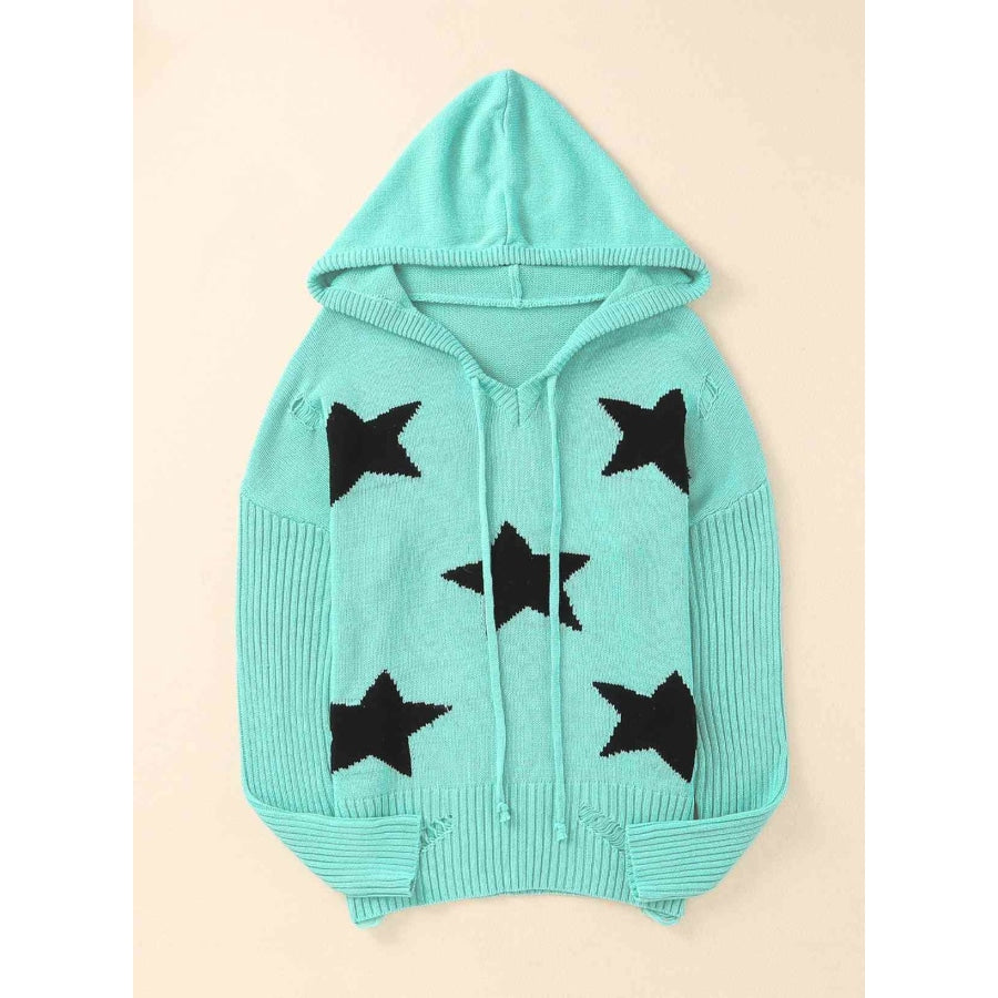 Woven Right Star Distressed Slit Hooded Sweater