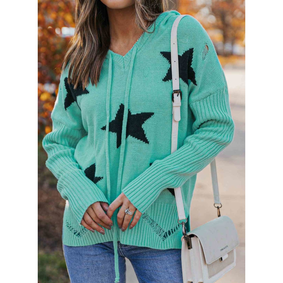 Woven Right Star Distressed Slit Hooded Sweater