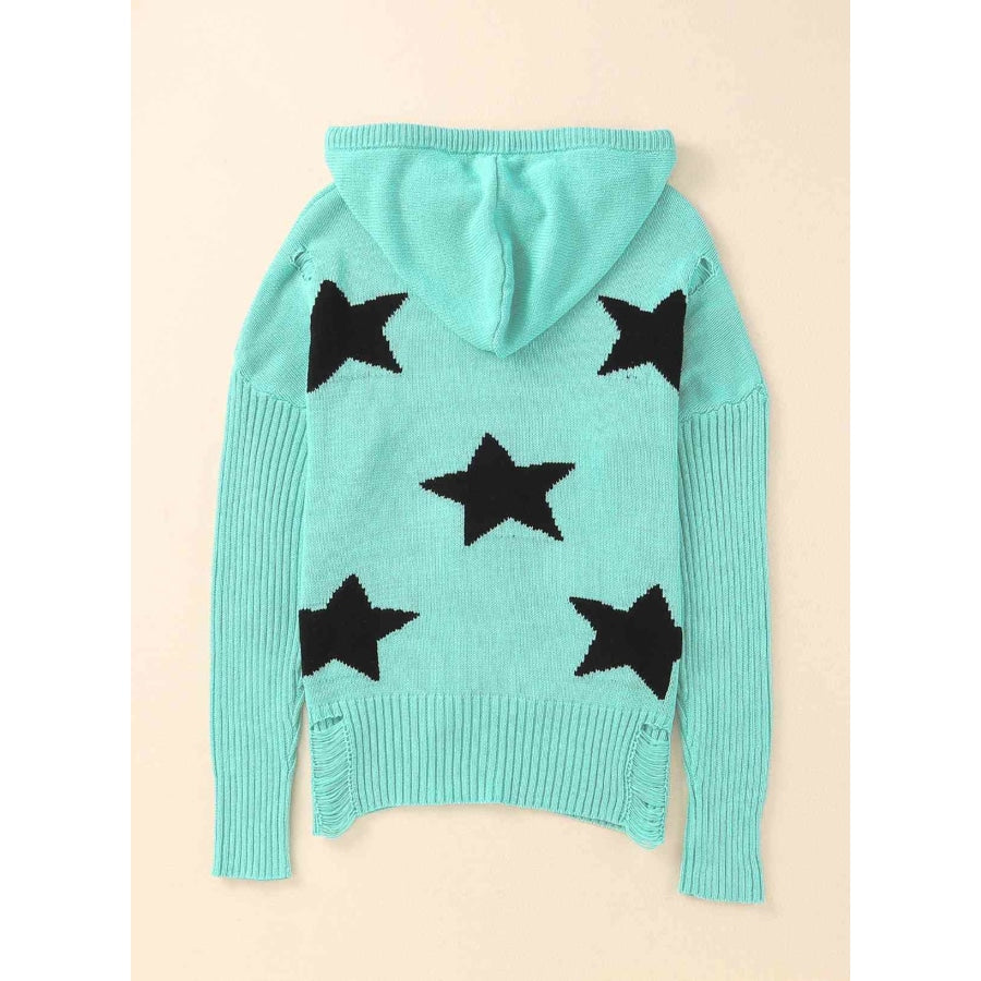 Woven Right Star Distressed Slit Hooded Sweater