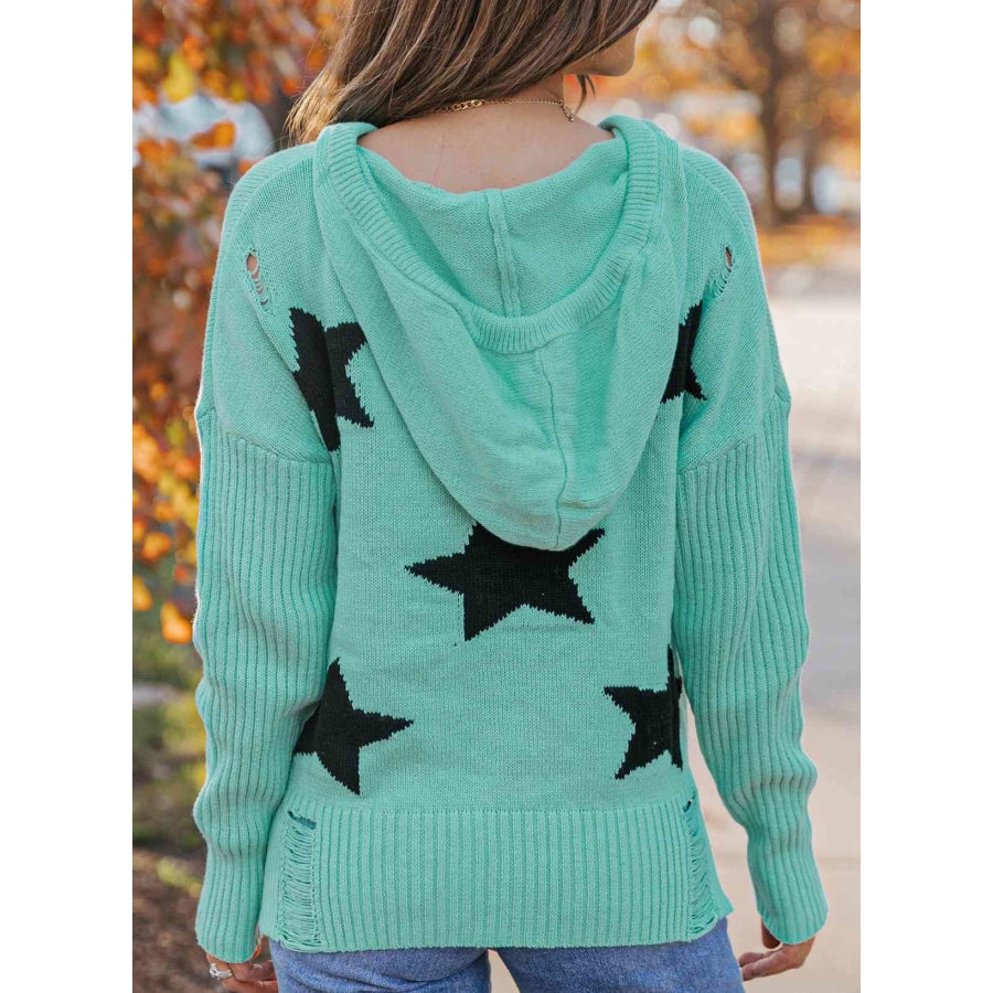 Woven Right Star Distressed Slit Hooded Sweater