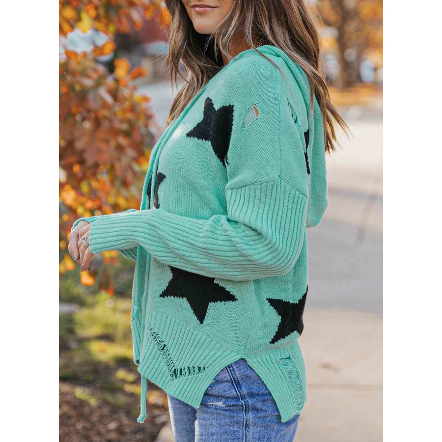 Woven Right Star Distressed Slit Hooded Sweater