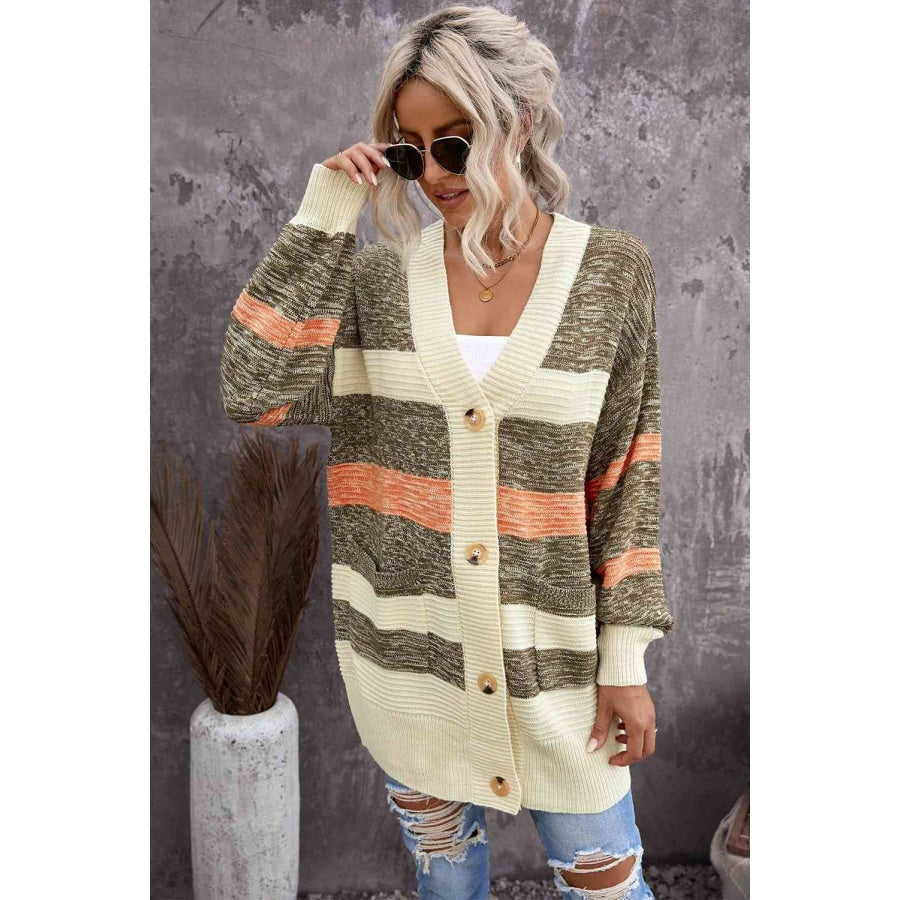 Woven Right Striped Button Down Longline Cardigan with Pockets Multi / S