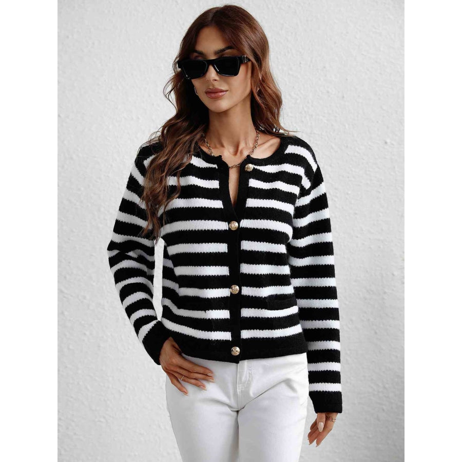 Woven Right Striped Button Front Cardigan Black / S