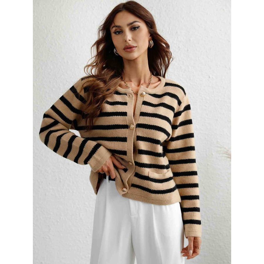 Woven Right Striped Button Front Cardigan Khaki / S