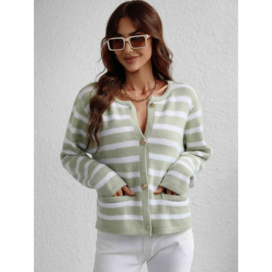 Woven Right Striped Button Front Cardigan Mint / S