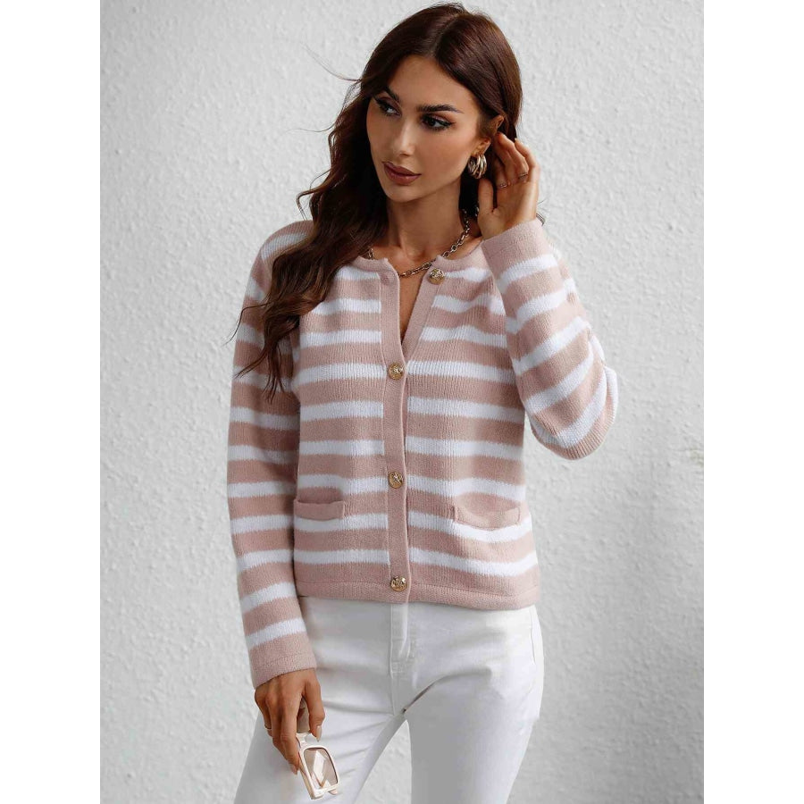 Woven Right Striped Button Front Cardigan Pink / S