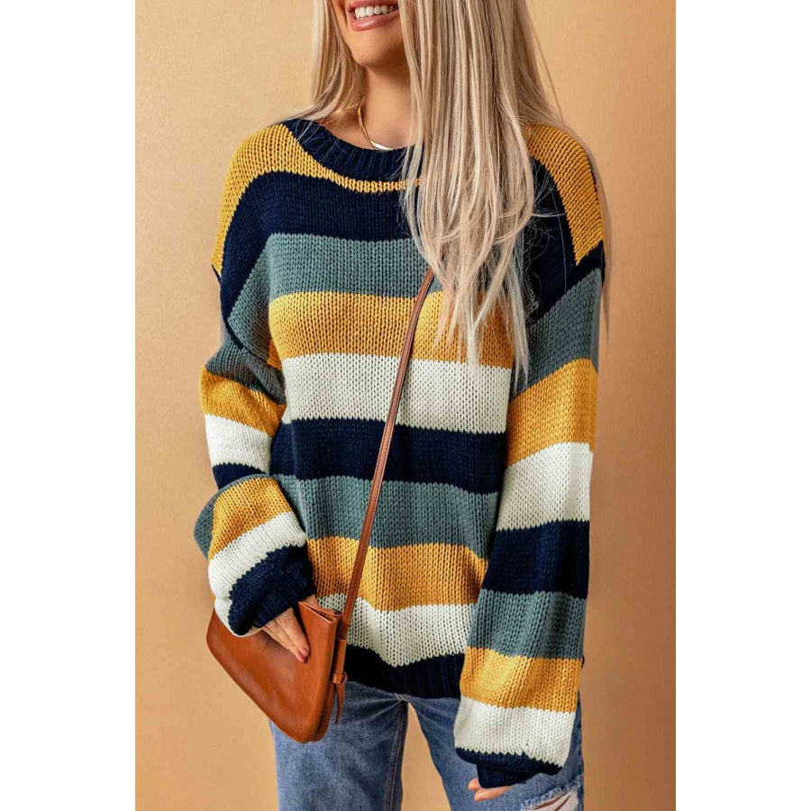 Woven Right Striped Dropped Shoulder Knitted Pullover Sweater Blue / S